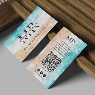 Moderne Abstrakte Strand Wasserfarbe Monogramm QR- Visitenkarte