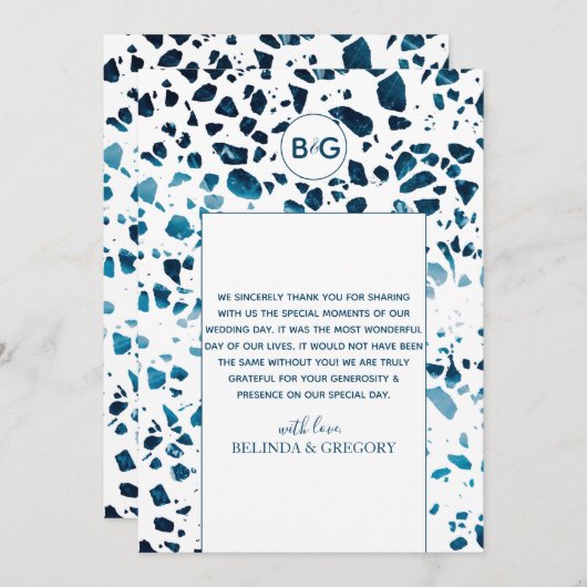 Moderne Abstrakte Terrazzo Mosaic Blue Wedding Dankeskarte (Vorne/Hinten)