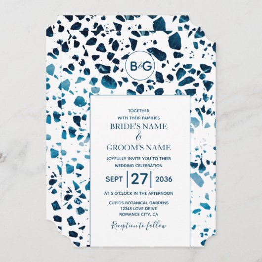 Moderne Abstrakte Terrazzo Mosaic Blue Wedding Einladung (Vorne/Hinten)