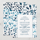 Moderne Abstrakte Terrazzo Mosaic Blue Wedding Einladung (Vorne/Hinten)