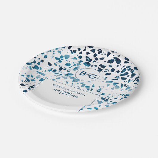 Moderne Abstrakte Terrazzo Mosaic Blue Wedding Pappteller (Schrägansicht)