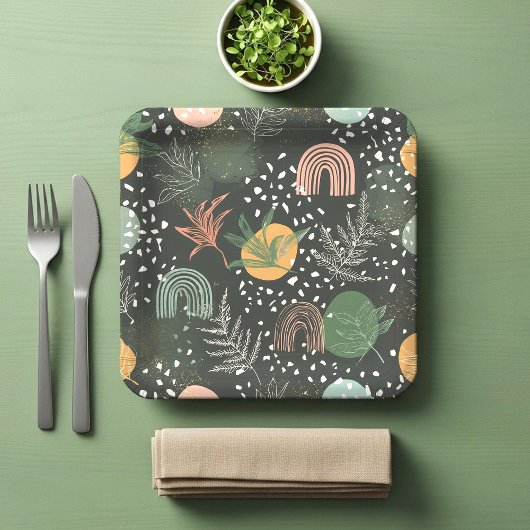 Moderne abstrakte Terrazzo- und botanische Collage Pappteller
