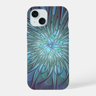 Moderne abstrakte trendige blaue Blumen-Fraktal-Ku iPhone 15 Hülle