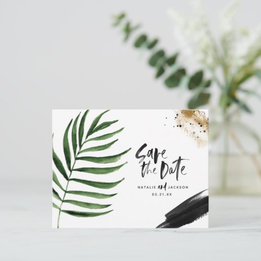 Moderne abstrakte Tropenhochzeit Ankündigungspostkarte (Stehend Vorderseite)