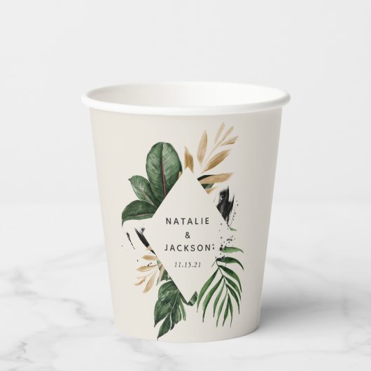 Moderne abstrakte Tropenhochzeit Pappbecher (Rückseite)