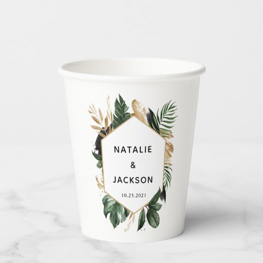 Moderne abstrakte Tropenhochzeit Pappbecher (Rückseite)