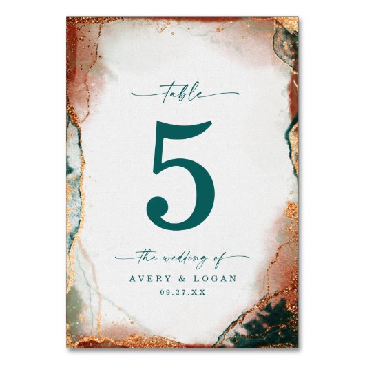 Moderne Abstrakte Wasserfarbe Aquamarin & Kupfer H Tischnummer (Vorderseite)