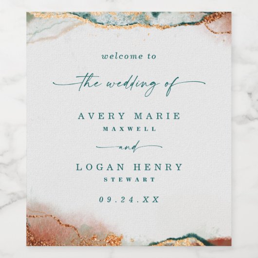 Moderne Abstrakte Wasserfarbe Aquamarin & Kupfer H Weinetikett (Einzelnes Label)