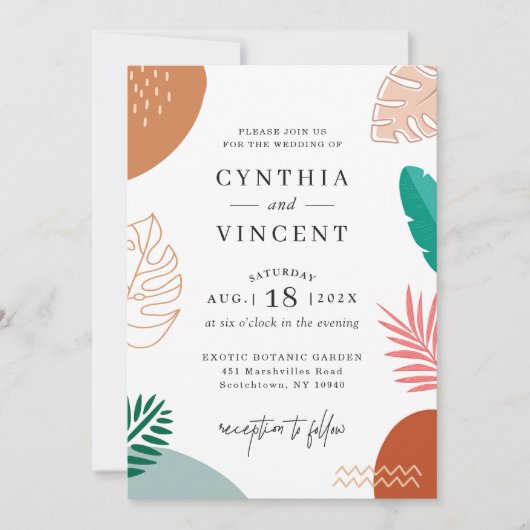 Moderne Abstraktion tropischer Blätter Sommerhochz Einladung (Vorderseite)