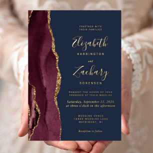Moderne Achat Burgunderrot Gold Navy Hochzeit Folieneinladung