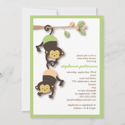 Moderne Affen Twins Neutrale Babydusche Einladung (Vorderseite)