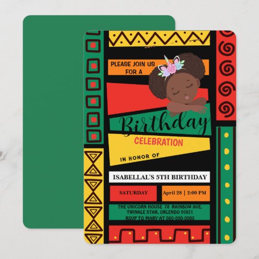 Moderne afroamerikanische Mädchen Geburtstagsparty Einladung (Vorne/Hinten)