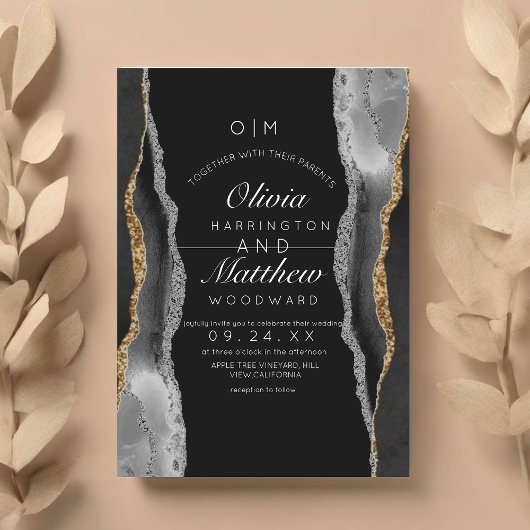 Moderne Agate Black and White Silver Gold Hochzeit Einladung