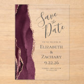 Moderne Agate Burgundy Rose Gold Save the Date Car Acryleinladungen (Vorderseite)