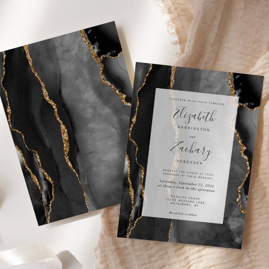 Moderne Agate Frame Black Gold Hochzeit Einladung