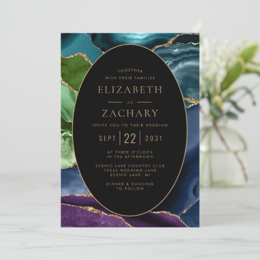 Moderne Agate Gold Oval Frame QR Code Hochzeit Einladung (Stehend Vorderseite)