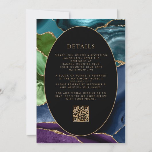 Moderne Agate Gold Oval Frame QR Code Hochzeit Einladung (Rückseite)
