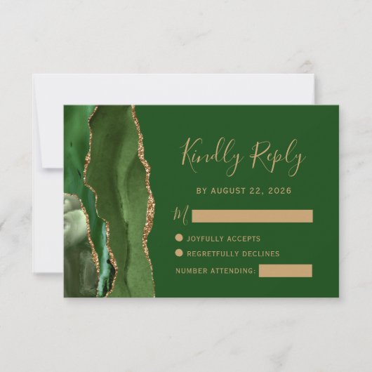 Moderne Agate Hunter Green Gold Wedding RSVP Card Karte (Vorderseite)