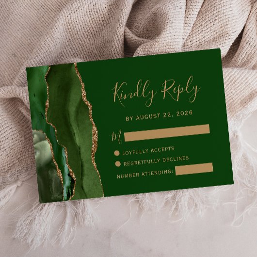 Moderne Agate Hunter Green Gold Wedding RSVP Card Karte