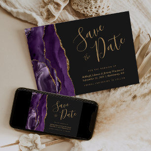 Moderne Agate Lila Gold Dark Save the Date Card Einladung