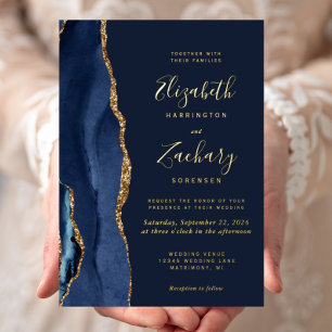 Moderne Agate Navy Blue Gold Hochzeit Folieneinladung