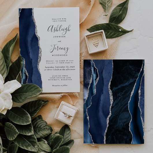 Moderne Agate Navy Blue Silver Wedding Einladung