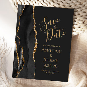 Moderne Agate Schwarz Gold Dunkel Save the Date Postkarte