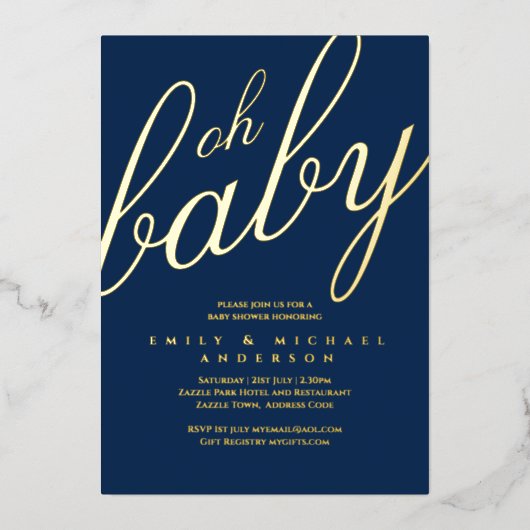 Moderne All-in-1-GOLD FOIL Blue BABY SHOWER Folieneinladung (Vorderseite)