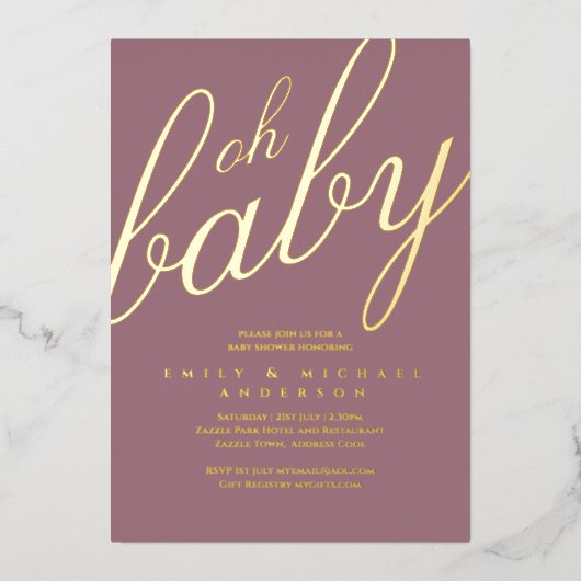 Moderne All-in-1-GOLD FOIL Dusty Rose BABY SHOWER Folieneinladung (Vorderseite)