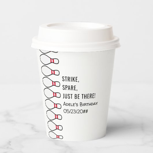 Moderne, allgegenwärtige Bowling-Geburtstagspartei Pappbecher (Vorderseite)