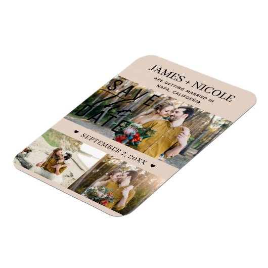Moderne Almond Bisque Save the Date Hochzeit 3 Fot Magnet (Linke Seite)