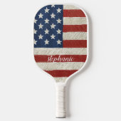 Moderne amerikanische Flagge mit trendy Script-Nam Pickleball Schläger (Vorderseite)
