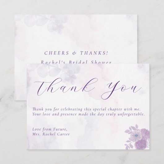 Moderne Amethyst-Wasserfarbe-Script-Brautparty Dankeskarte (Vorne/Hinten)