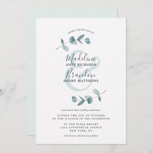 Moderne Ampersand-Eukalyptus-Schriftzeichen Hochze Einladung (Vorne/Hinten)