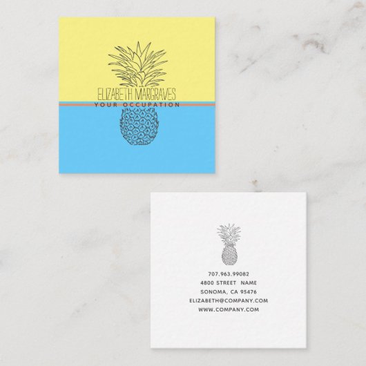 Moderne Ananas-Illustration Gelb und Blau Quadratische Visitenkarte (Vorne/Hinten)
