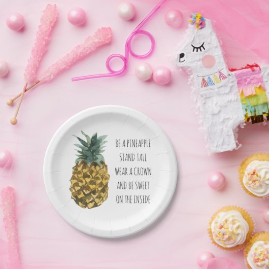 Moderne Ananas mit Aquarellfarbe & positives Zitat Pappteller (Party)