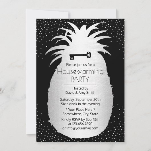 Moderne Ananas Silver Confetti Dots Housewarming Einladung (Vorderseite)