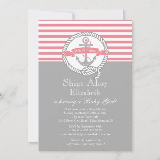 Moderne Anchor Nautical Sailboat Girl Babydusche Einladung (Vorderseite)