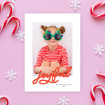 Moderne, anpassbare Farben und ein Foto Feiertagskarte<br><div class="desc">Diese lustige und festliche Urlaubskarte mit weißem Hintergrund,  einem senkrechten Foto,  modernem Schriftzeichen und einfacher Typografie. Die Rückseite der Karte weist ein koordinierendes rot-weißes Streifen-Muster auf (Sie können auch ein anderes Foto und/oder einen zusätzlichen Text auf der Rückseite hinzufügen).</div>