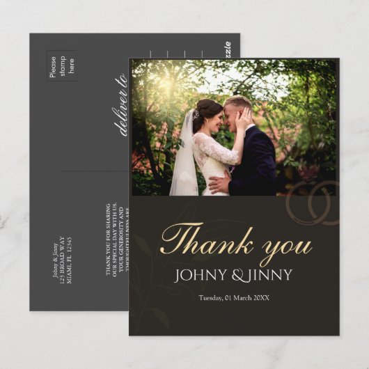 Moderne, anpassbare schwarze Hochzeit Postkarte (Vorne/Hinten)