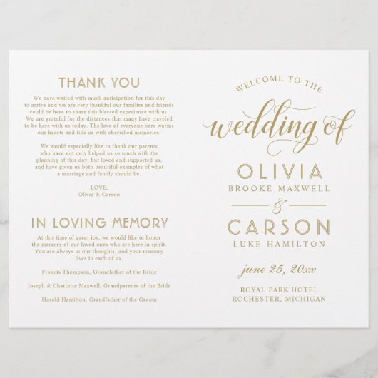 Moderne antike Gold Script Hochzeitsprogramme (Vorderseite)