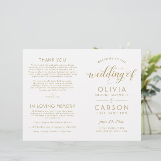 Moderne antike Gold Script Hochzeitsprogramme (Stehend Vorderseite)