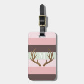Moderne Antler Rosa Grünbraun Streifen Monogramm Gepäckanhänger (Vorderseite vertikal)