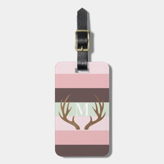 Moderne Antler Rosa Grünbraun Streifen Monogramm Gepäckanhänger (Vorderseite vertikal)