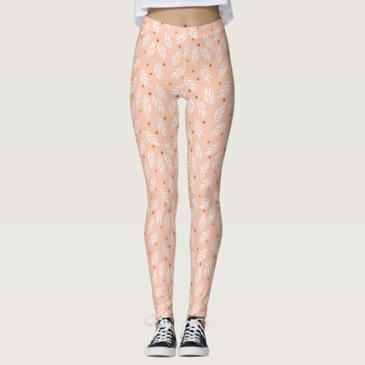 Moderne Apricot-Rosa Blätter Muster Leggings (Vorderseite)
