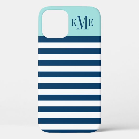 Moderne Aqua Blue Navy Streifen Custom Monogram Case-Mate iPhone Hülle (Rückseite)
