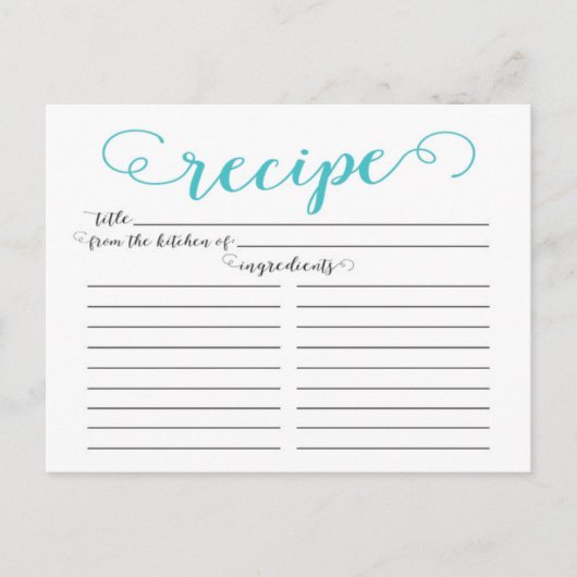 Moderne Aqua Blue Script Brautparty Rezept Karten (Vorderseite)