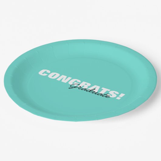 Moderne Aqua Blue Typografy Glückwunschs Graduate Pappteller (Schrägansicht)