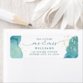 Moderne Aqua Blue Watercolor Gold Rücksendeadresse (Insitu)