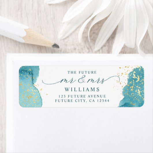 Moderne Aqua Blue Watercolor Gold Rücksendeadresse (Insitu)